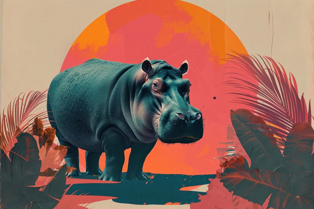 Collage Retro dreamy hippopotamus wildlife animal mammal.