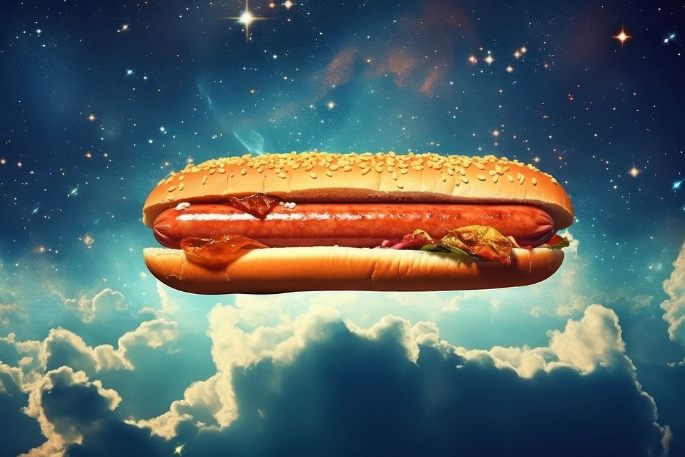 Collage Retro dreamy Hotdogs mountain astronomy food space.