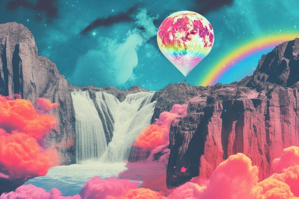 Collage Retro dreamy ice sketing waterfall landscape mountain.