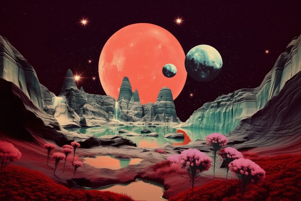 Collage Retro dreamy ice sketing astronomy nature space.