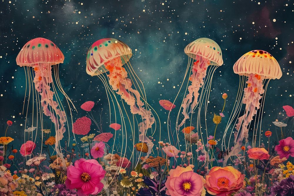 Collage Retro dreamy jellyfish outdoors flower plant.