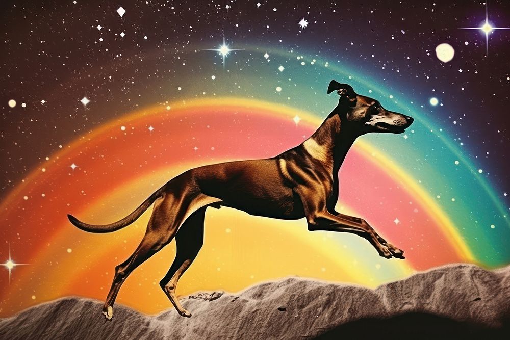 Collage Retro dreamy jumping Greyhound sky greyhound outdoors.