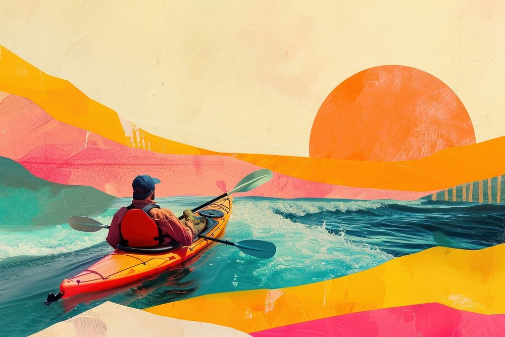 Collage Retro dreamy kayak recreation kayaking sports.