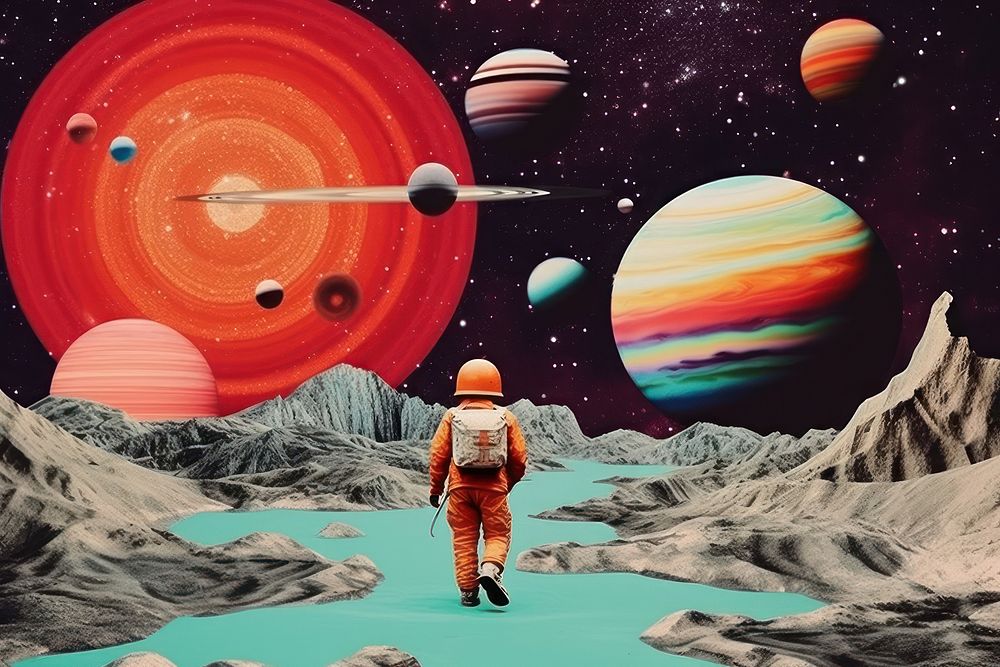 Collage Retro dreamy kids ice sketing astronomy space planet.