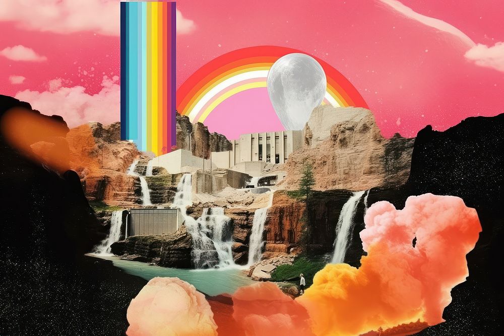 Collage Retro dreamy kidsice sketing waterfall outdoors rainbow.