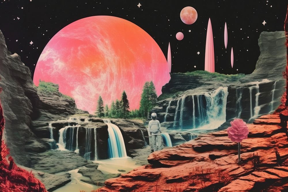Collage Retro dreamy kidsice sketing waterfall astronomy outdoors.