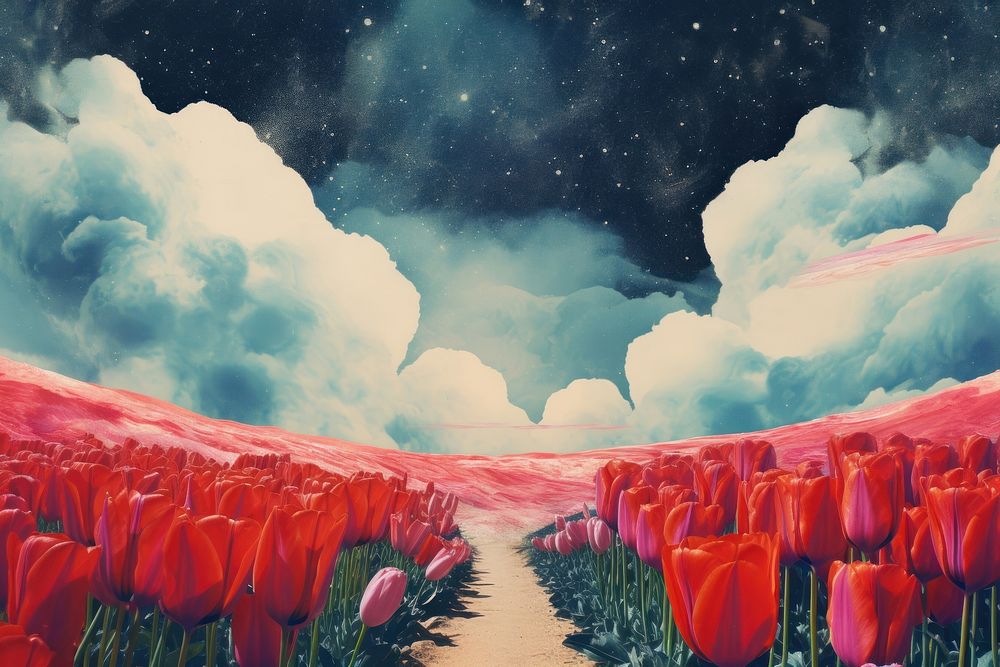 Collage Retro dreamy of tulip field landscape outdoors painting.