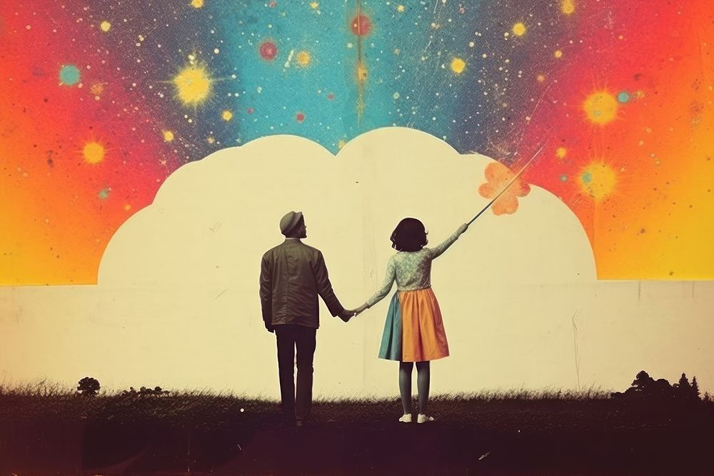 Collage Retro dreamy of boy and girl holding hand outdoors adult art.