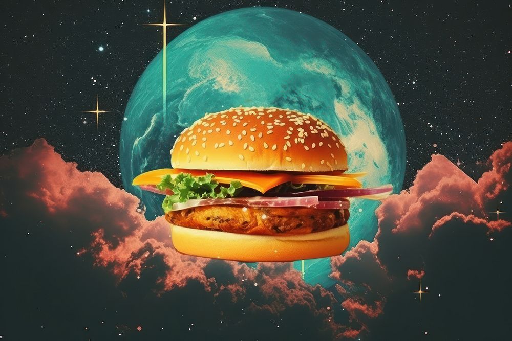 Collage Retro dreamy of burger astronomy food galaxy.