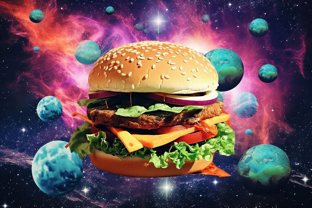 Collage Retro dreamy of burger food astronomy universe.