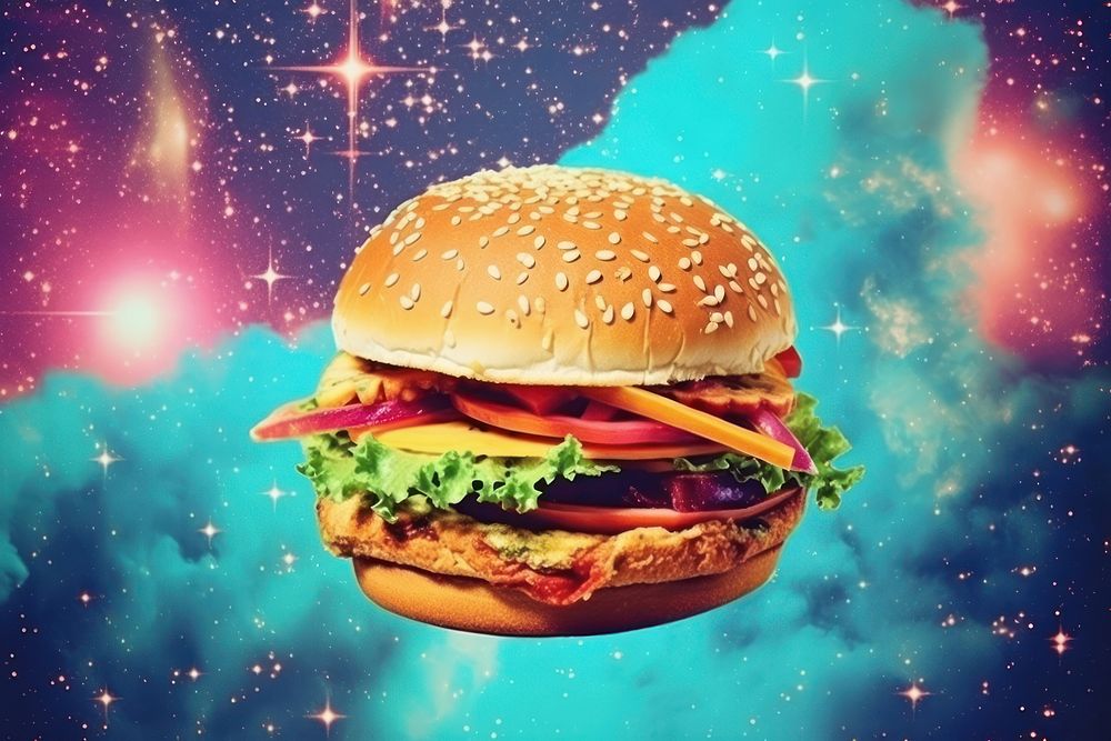 Collage Retro dreamy of burger food astronomy galaxy.