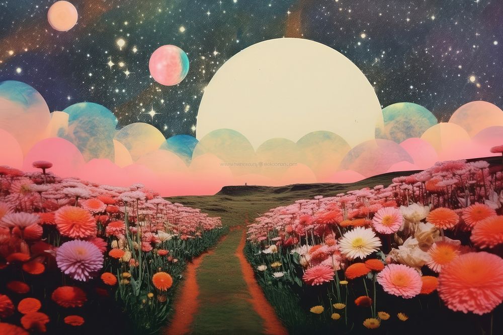 Collage Retro dreamy of Flower field flower astronomy outdoors.