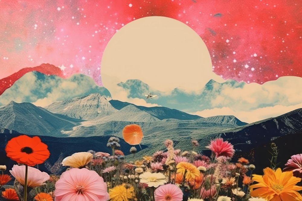 Collage Retro dreamy of Flower field flower landscape astronomy.