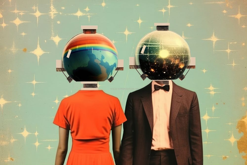 Collage Retro dreamy of s couple criyng astronomy portrait adult.