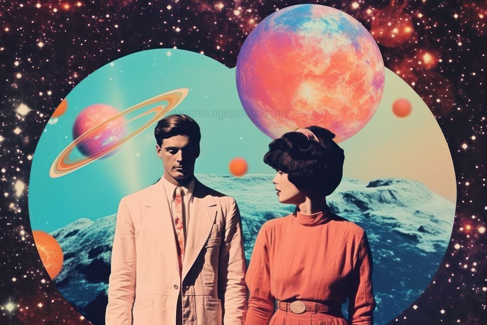 Collage Retro dreamy of s couple criyng astronomy universe portrait.