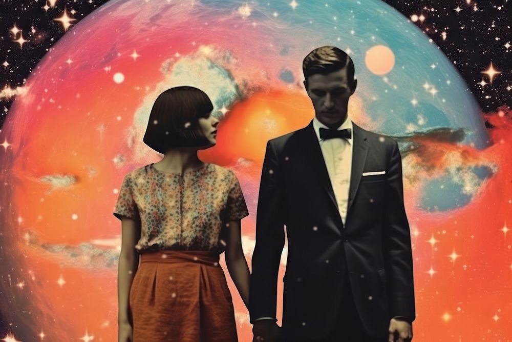 Collage Retro dreamy of s couple criyng astronomy adult togetherness.