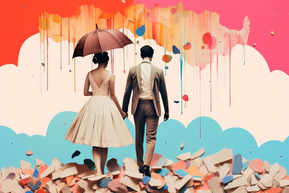 Collage Retro dreamy of sad couple adult art togetherness.