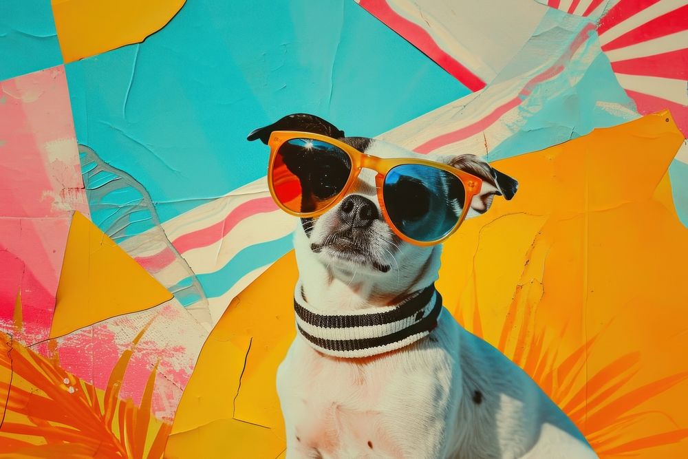 Collage Retro dreamy pet sunglasses portrait outdoors.