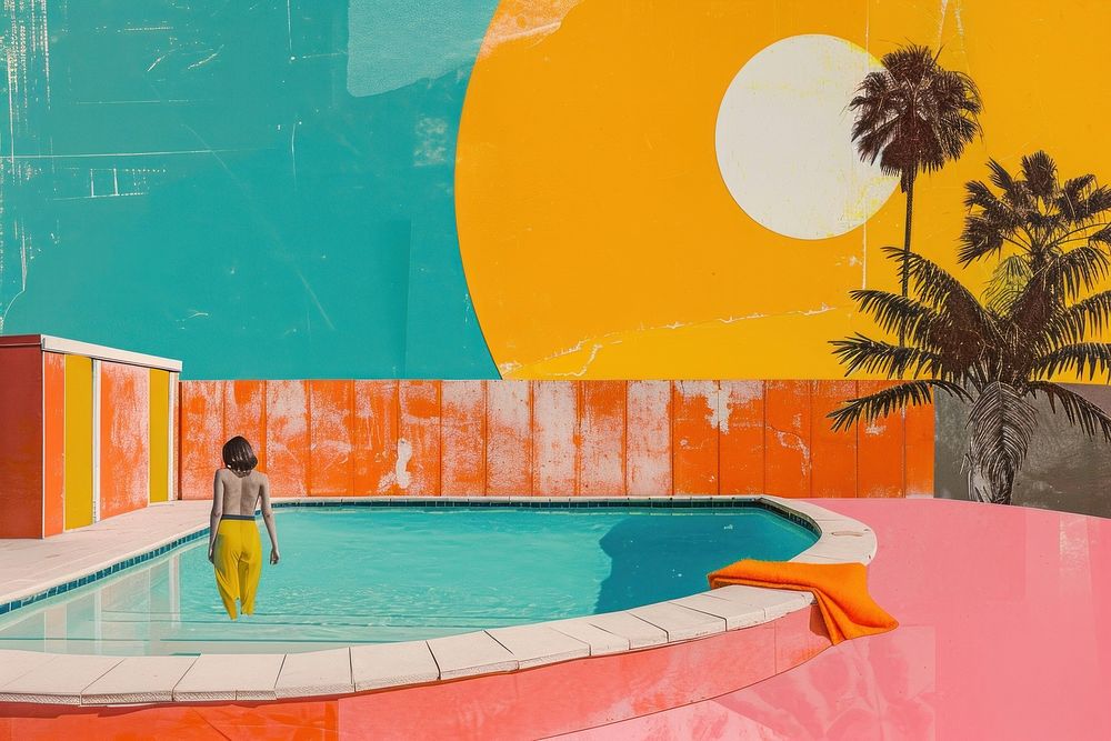 Collage Retro dreamy pool architecture outdoors art.