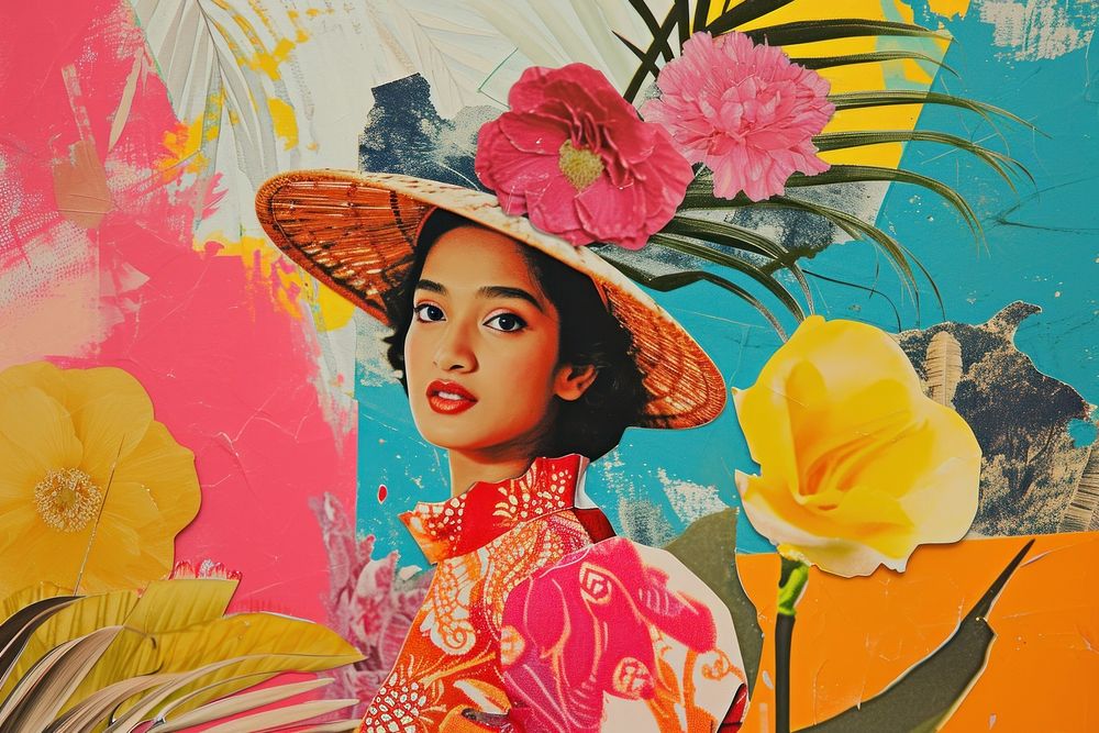 Collage Retro dreamy south asian art painting portrait.
