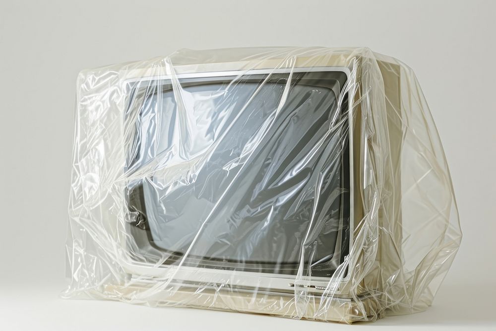 Plastic wrapping over TV television white background electronics.