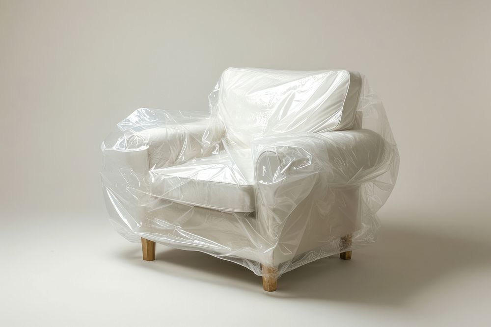 Plastic wrapping over armchair furniture white recliner.