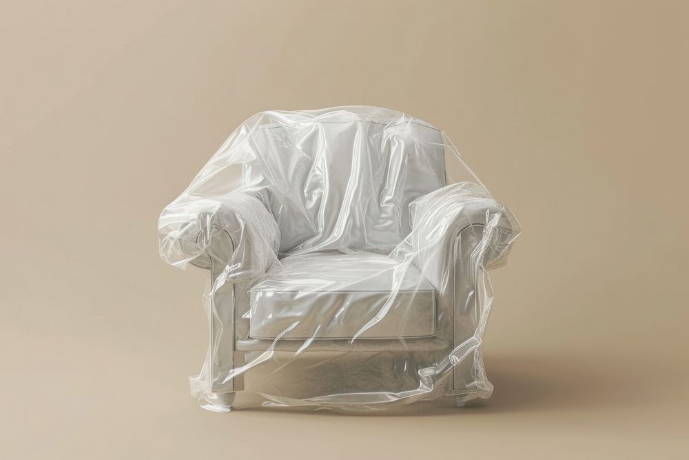 Plastic wrapping over armchair furniture recliner crumpled.
