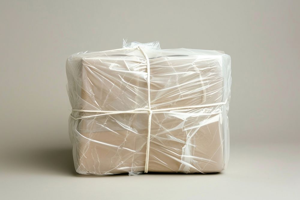 Plastic wrapping over delivery package paper wrapped ribbon.