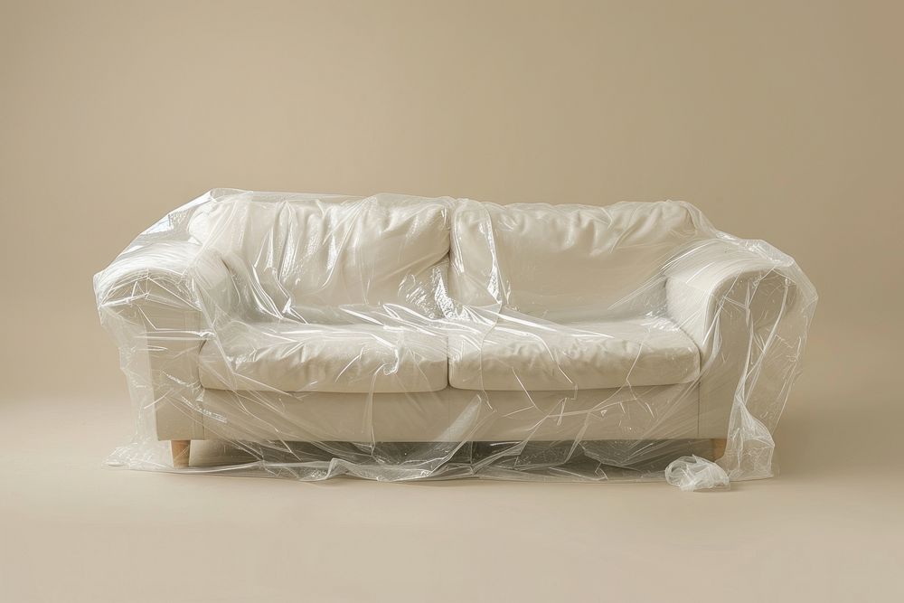 Plastic wrapping over sofa furniture pillow white.