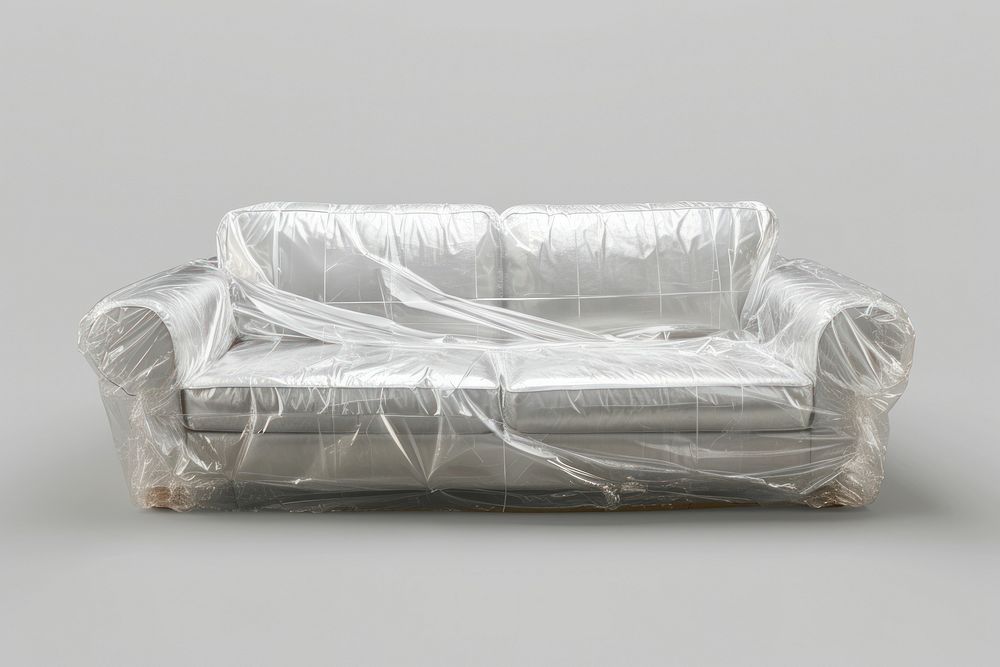 Plastic wrapping over sofa furniture loveseat recliner.