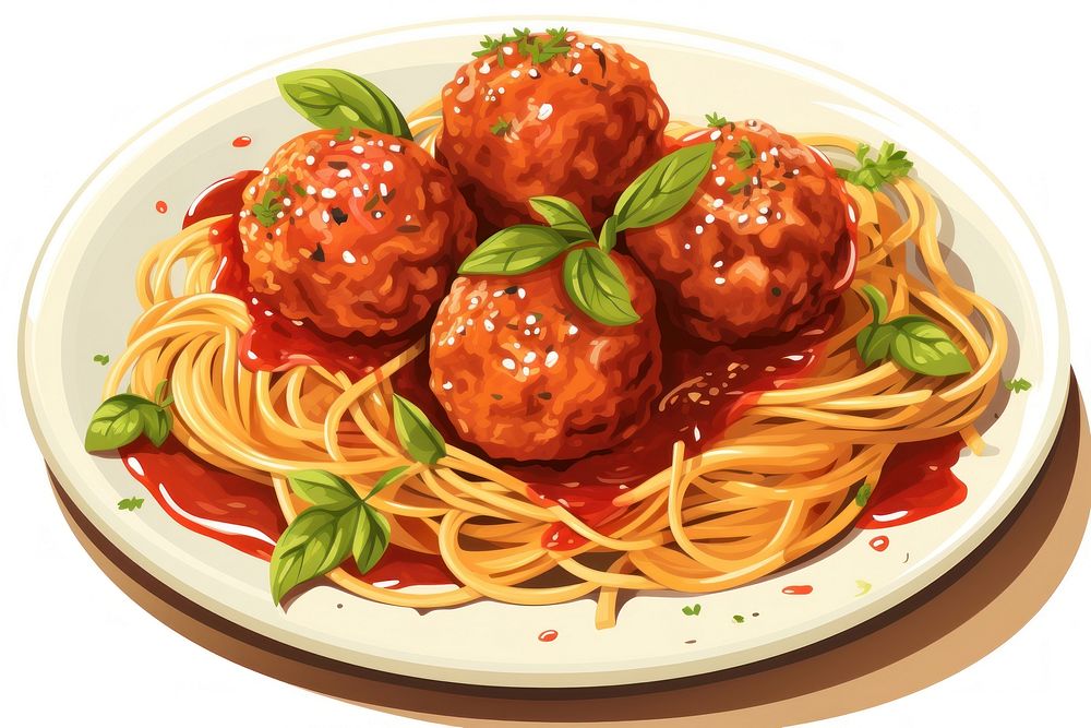 Spaghetti meatballs pasta plate food.