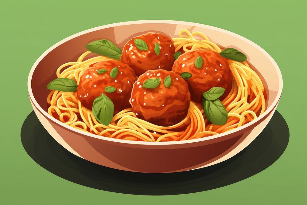 Spaghetti meatballs pasta food vegetable.