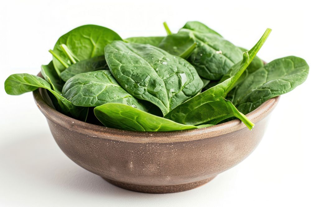 Spinach leaves in a bowl vegetable plant food.