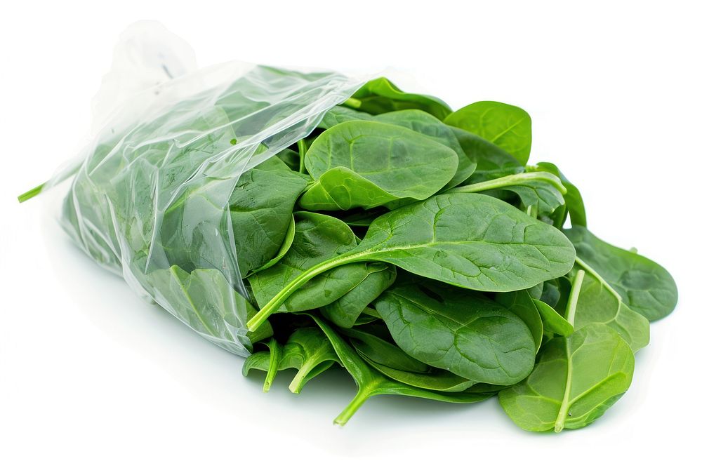 Spinach leaves in a clear bag vegetable plant food.
