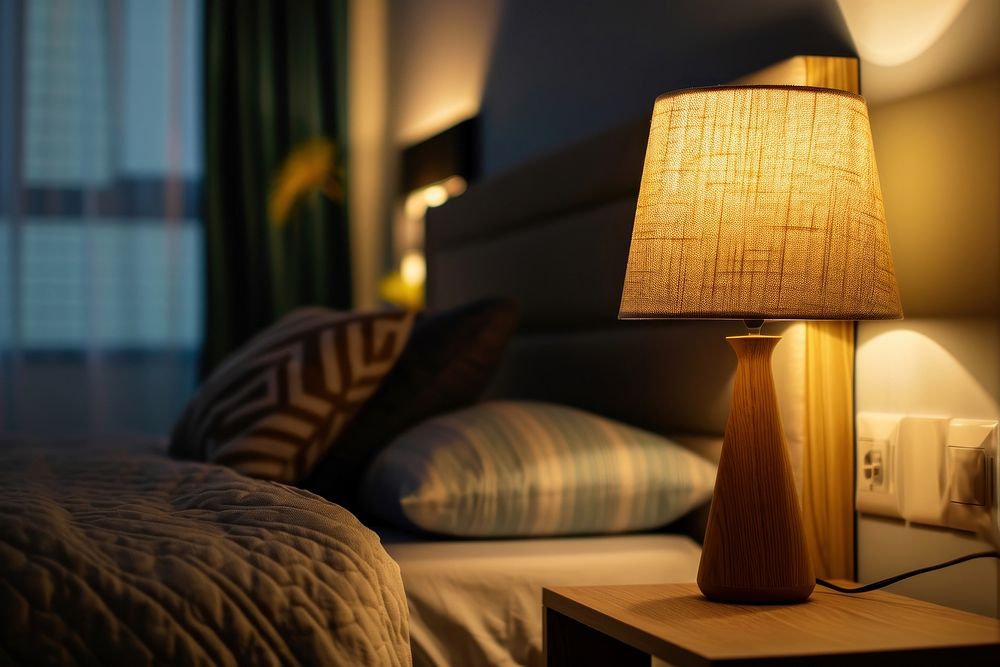 Close up at bed lamp in modern bedroom cushion pillow home.