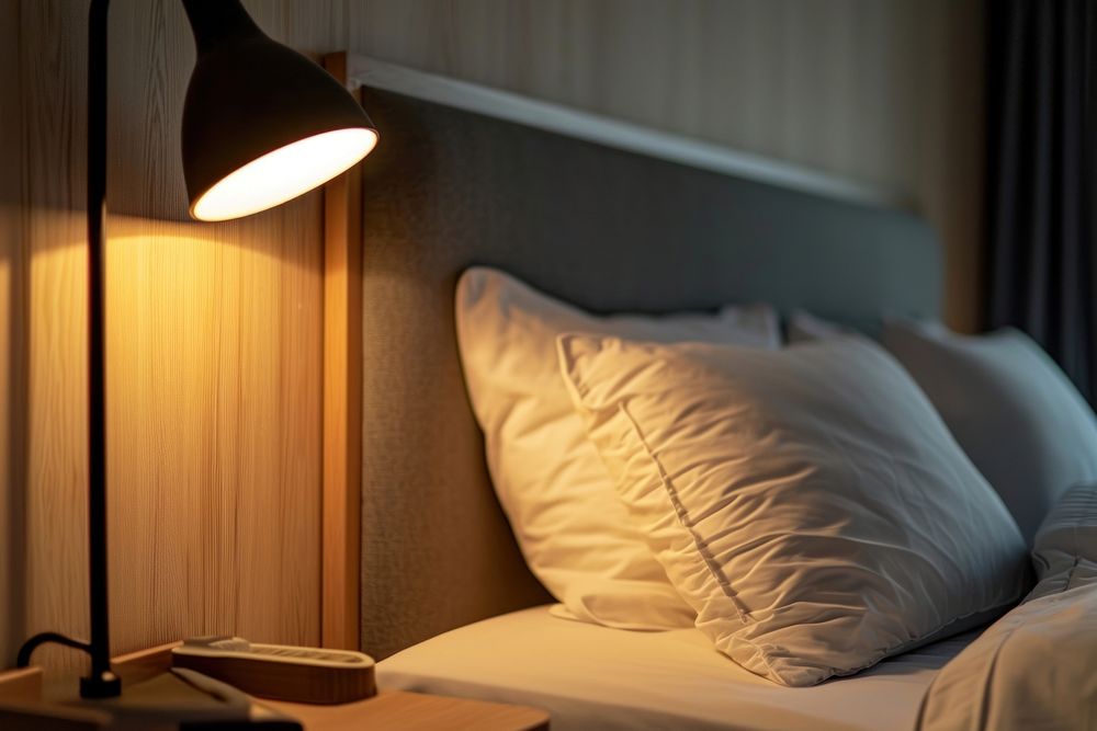 Close up at bed lamp in modern bedroom furniture pillow home.
