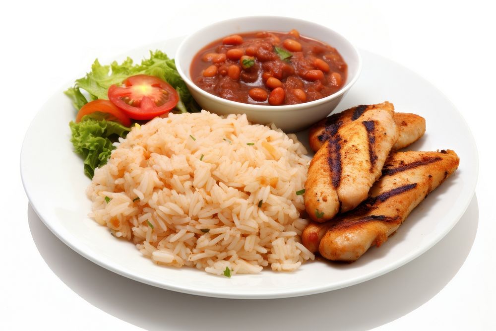 White Rice white baked beans grilled chicken steak salad and farofa rice lunch plate. AI generated Image by rawpixel.