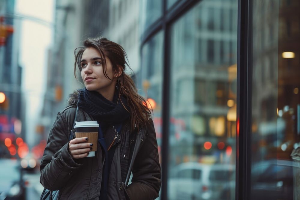 Young woman walking with a coffee on a city sidewalk photography jacket adult.