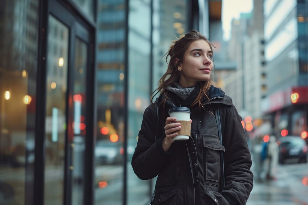Young woman walking with a coffee on a city sidewalk photography jacket coat.