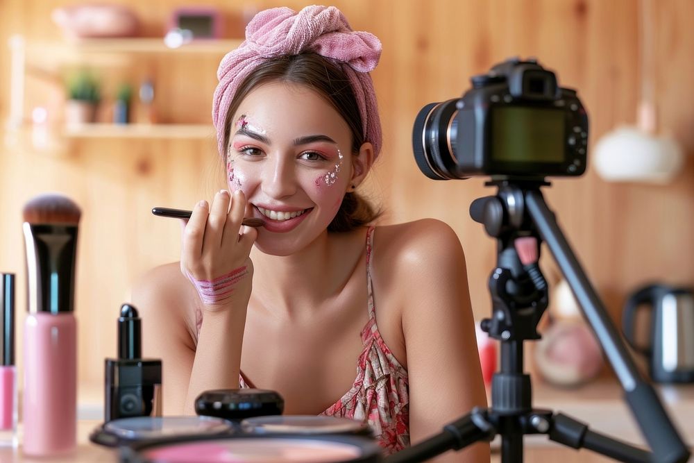 A young woman enjoying make up while recording video cosmetics lipstick adult.
