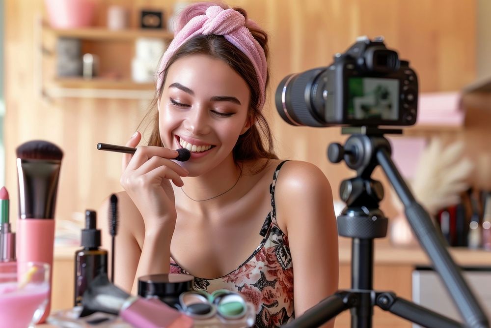 A young woman enjoying make up while recording video cosmetics lipstick camera.