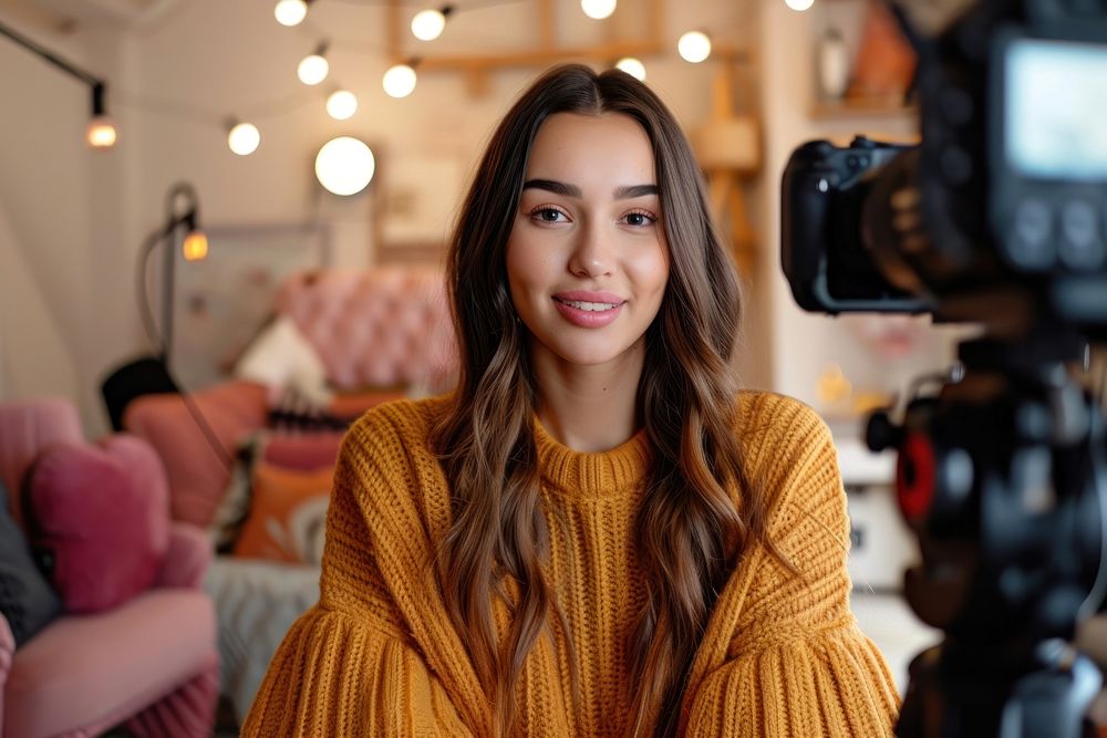A young woman recording fashion review sweater photo photographing.