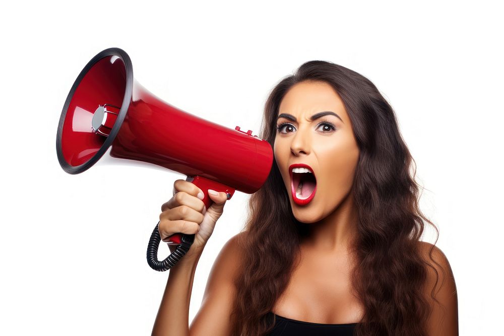 An attractive young woman using a megaphone shouting white background technology. AI generated Image by rawpixel.