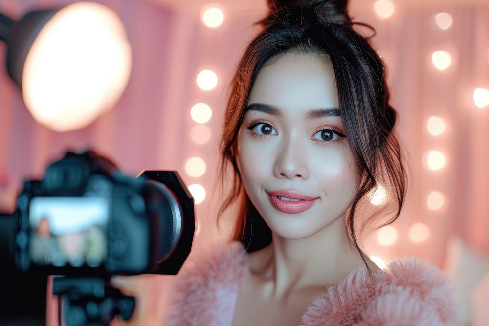 A asian girl take a selfie with video recording in front portrait camera photo.