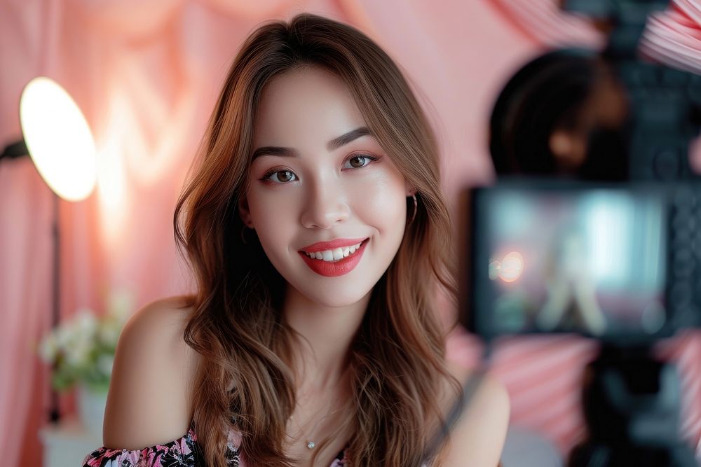 A asian girl take a selfie with video recording in front portrait smile photo.