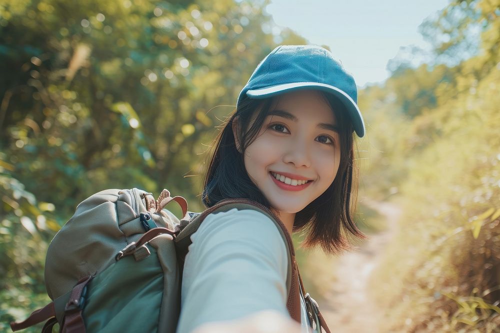 Backpacker Malaysian girl take a selfie nature travel smile.
