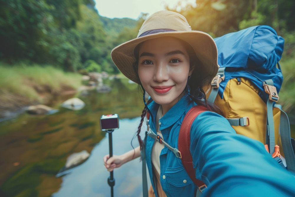 Backpack selfie travel nature.