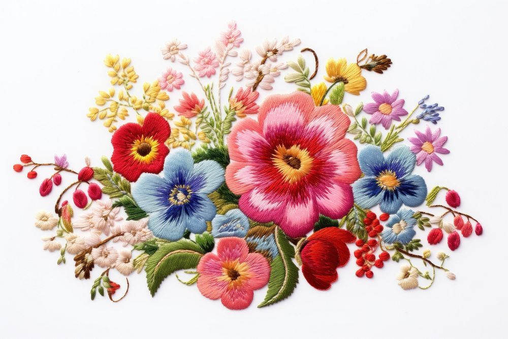 Bouquet of flowers in embroidery style pattern plant art.