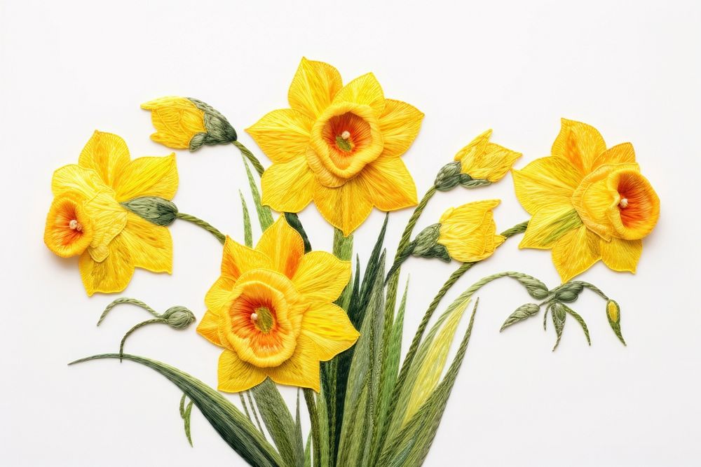 Doffodil in embroidery style daffodil flower plant.