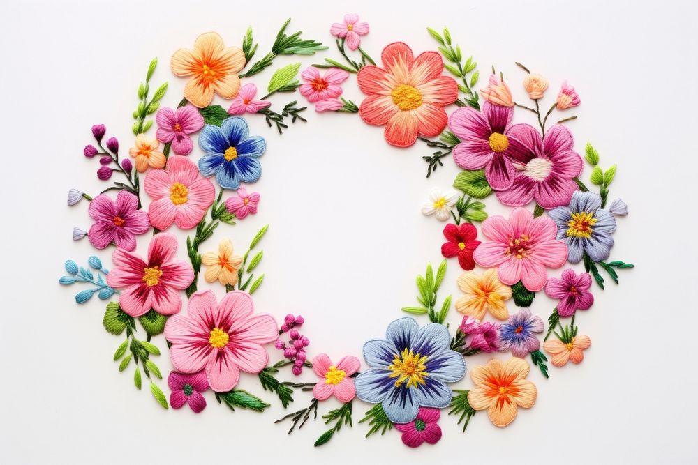 Floral wreath in embroidery style pattern flower plant.